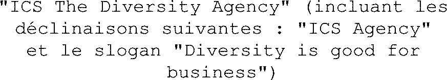 "Ics The Diversity Agency" (Incluant Les Déclinaisons Suivantes : "Ics Agency" Et Le Slogan "Diversity Is Good For Business") est une marque déposée par I-CAN SERVICES