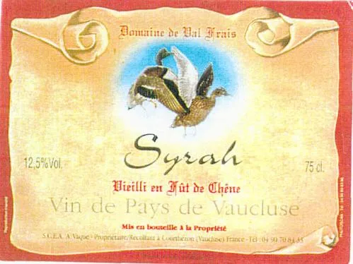 Domaine De Val Frais Syrah Vieilli En Fût De Chêne Vin De Pays De Vaucluse est une marque déposée par ANDRE VAQUE