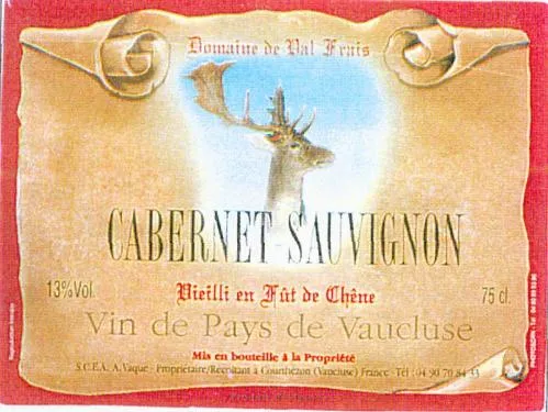 Domaine De Val Frais Cabernet Sauvignon Vieilli En Fût De Chêne Vin De Pays De Vaucluse est une marque déposée par ANDRE VAQUE