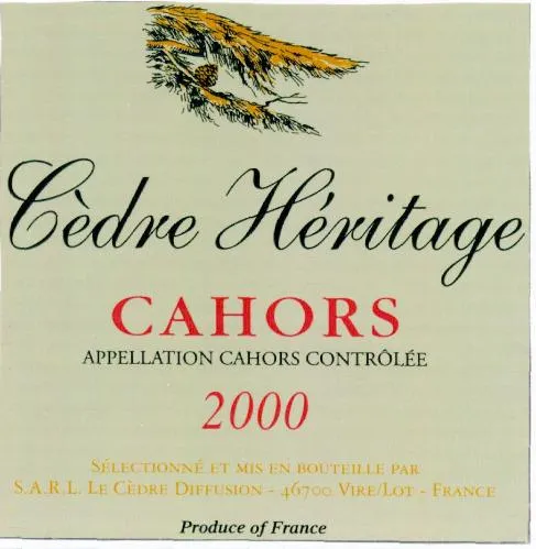 Cèdre Héritage Cahors Appellation Cahors Contrôlée 2000 Sélectionné Et Mis En Bouteille Par S.a.r.l. Le Cèdre Diffusion - 46700 Vire/Lot - France Produce Of France est une marque déposée par LE CEDRE DIFFUSION