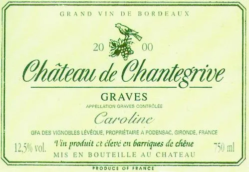 Grand Vin De Bordeaux Château De Chantegrive Graves Appellation Graves Controles Caroline est une marque déposée par VIGNOBLES LEVEQUE