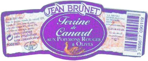 Jean Brunet Terrine De Canard Aux Poivrons Rouges & Olives est une marque déposée par CONSERVERIE DU SUD