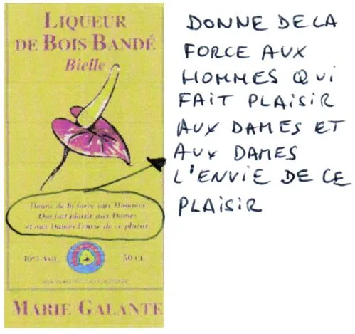 Liqueur De Bois Bande Bielle Donne De La Force Aux Hommes Qui Fait Plaisir Aux Dames Et Aux Dames L'envie De Ce Plaisir Marie Galante est une marque déposée par SOC EXPL DISTIL BIELLE (SEDB)