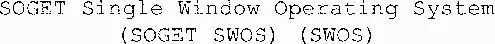 Soget Single Window Operating System (Soget Swos) (Swos) est une marque déposée par SOCIETE DE GESTION DE TERMINAUX INFORMATIQUES (SOGET)