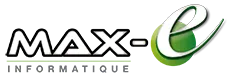 Voici le logo de la marque MAX-E INFORMATIQUE qui représente son identité graphique.
