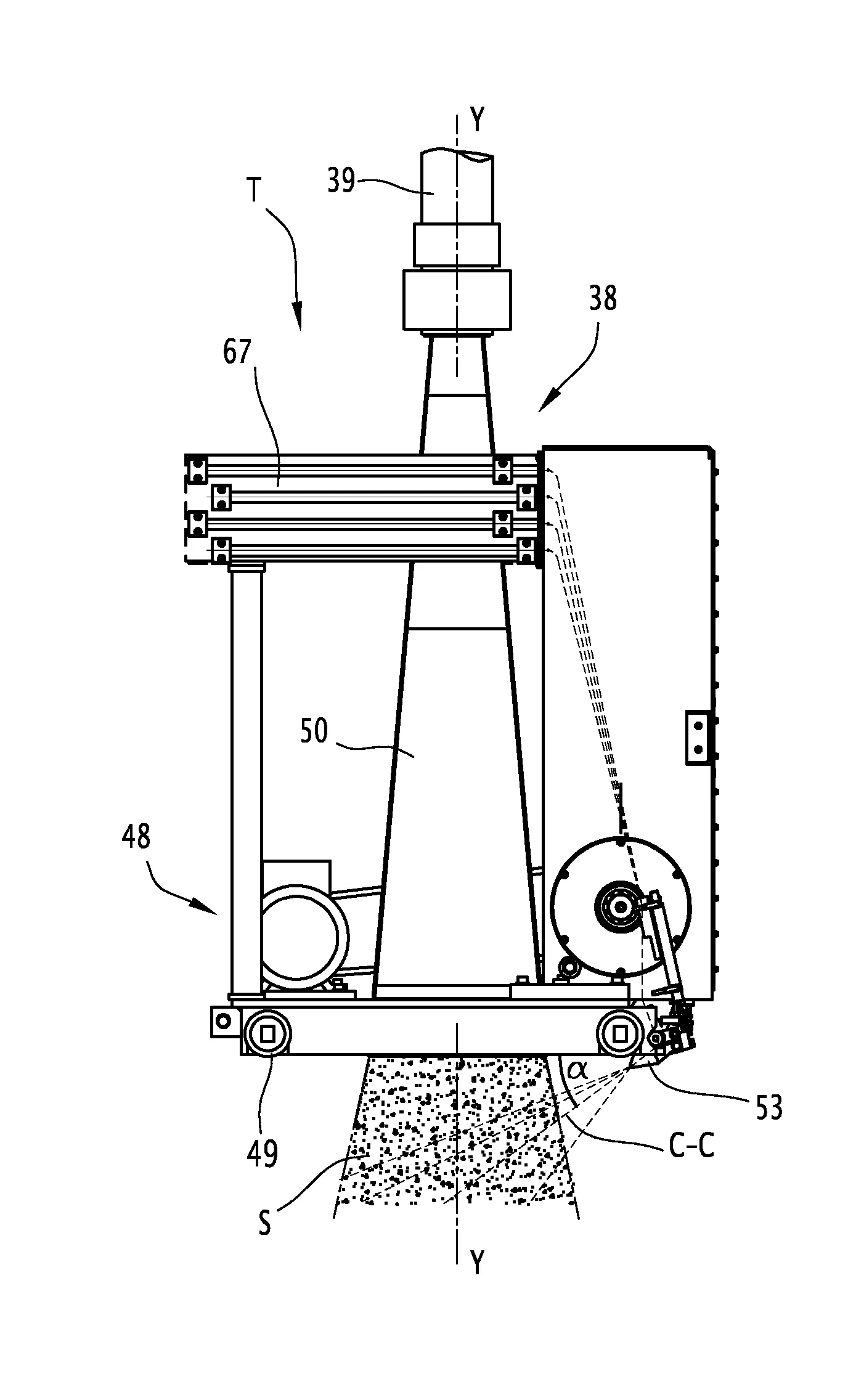 Dispositif, machine et procede de projection simultanee de materiau granulaire et de fils