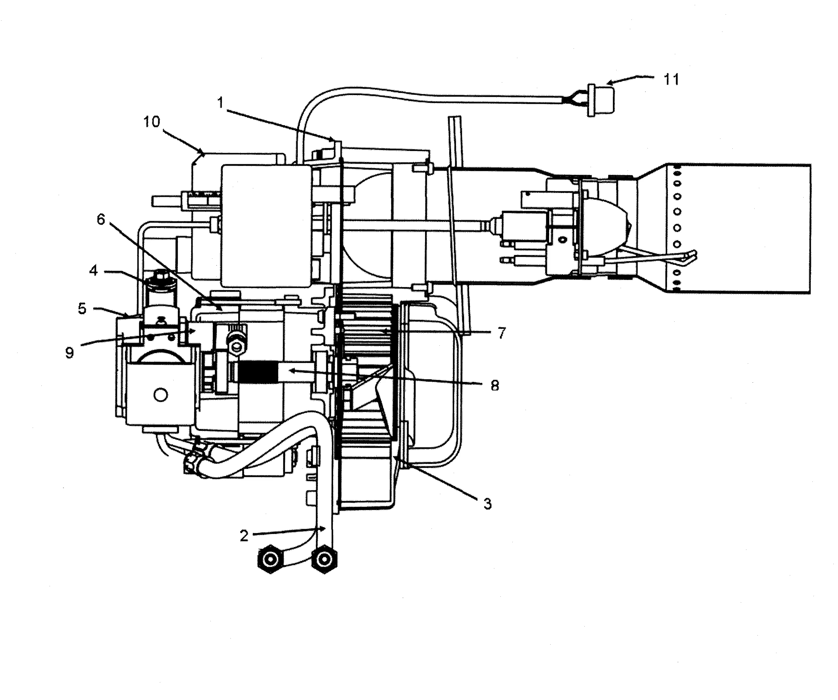 Bruleur a air souffle et combustible liquide avec modulation du ratio comburant/carburant