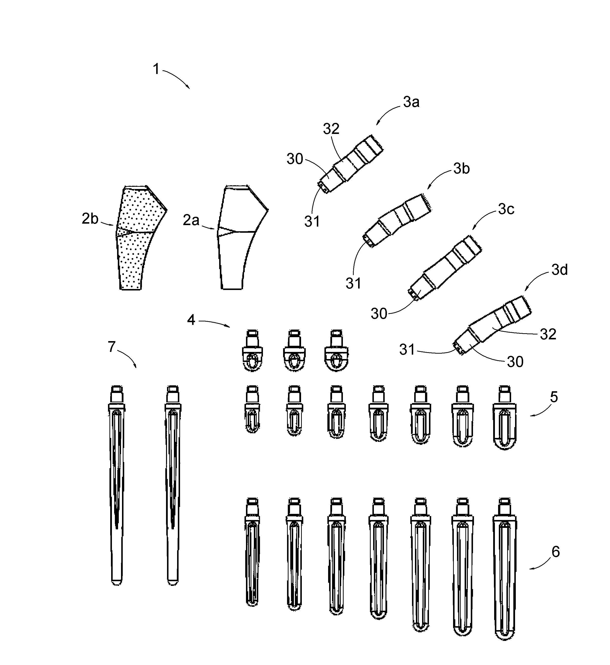 Gamme d'elements modulaires pour la constitution d'une tige femorale de prothese de hanche