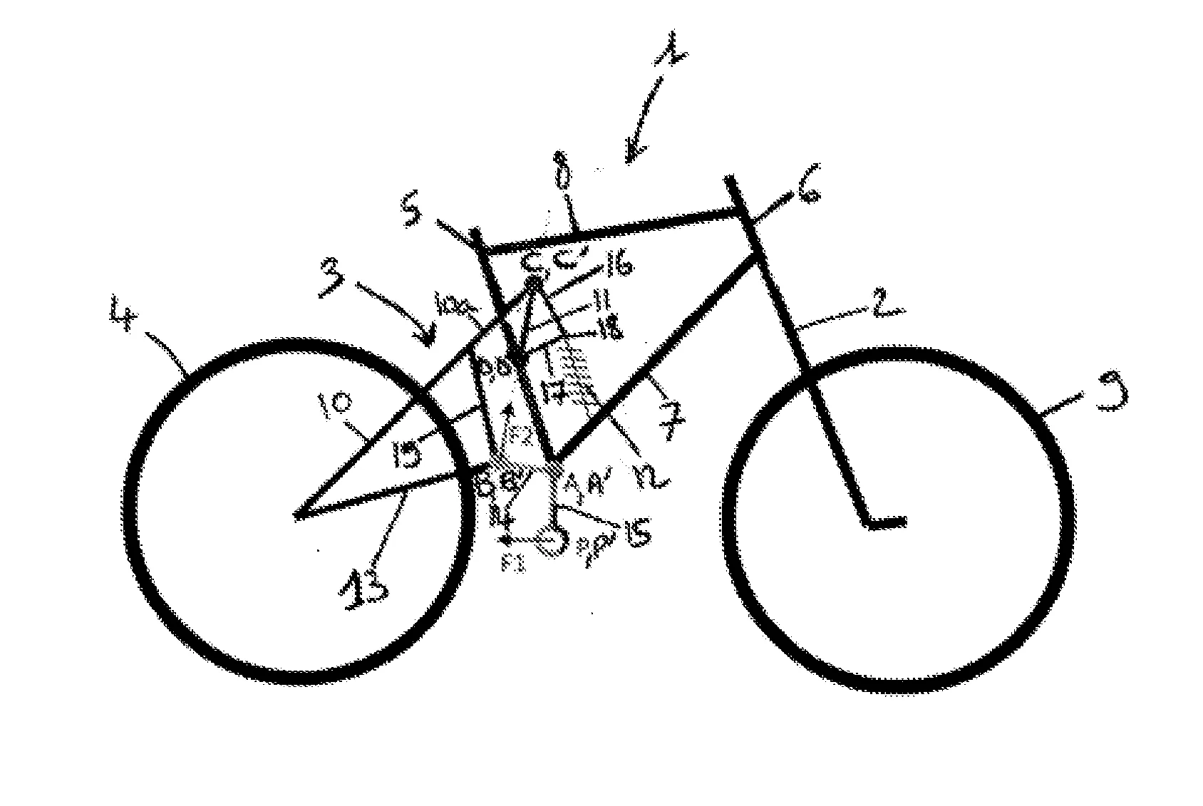 Velo dont le cadre comprend un triangle avant et un triangle arriere suspendu audit triangle avant