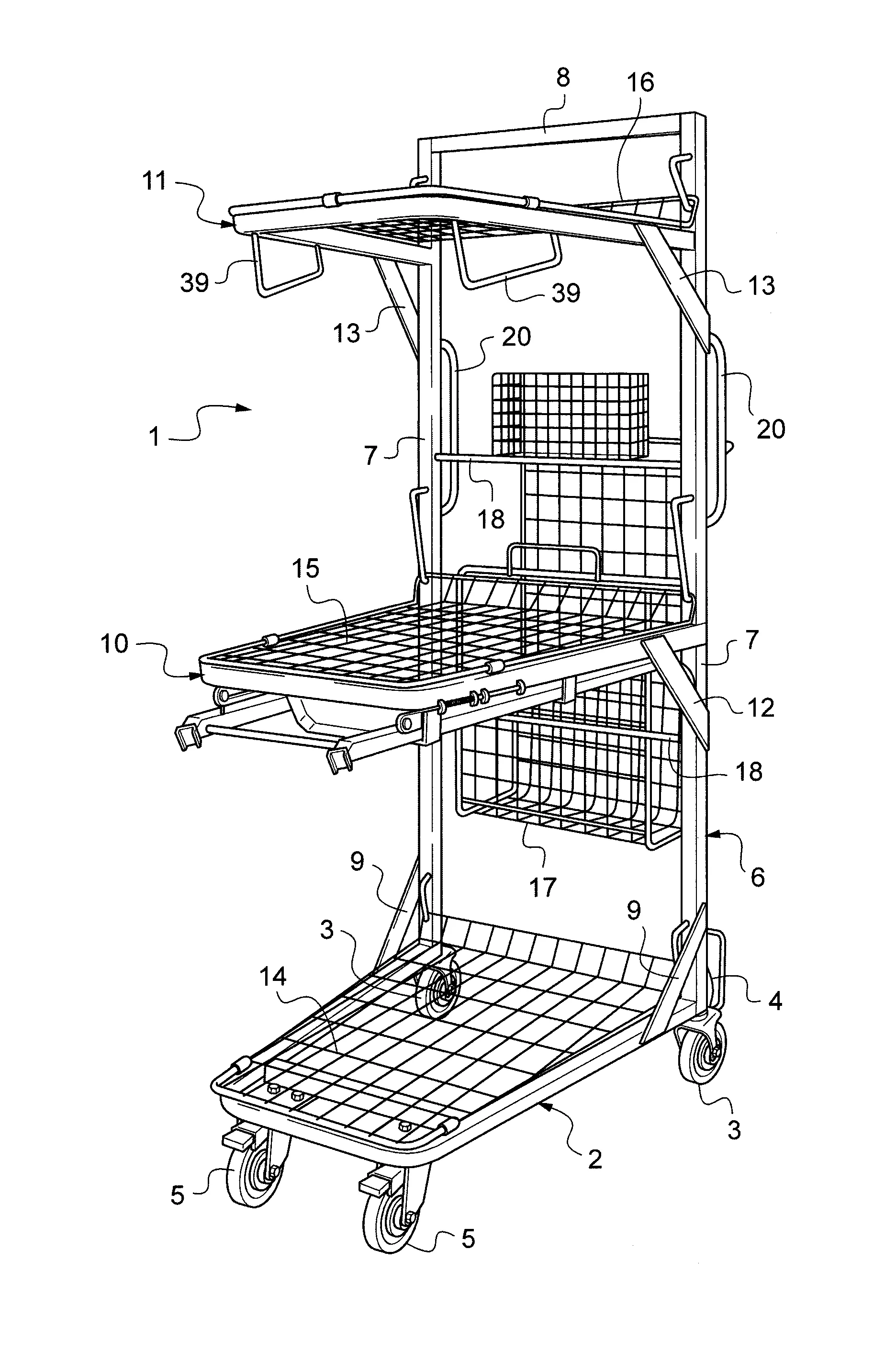 Chariot a roues a echelle escamotable
