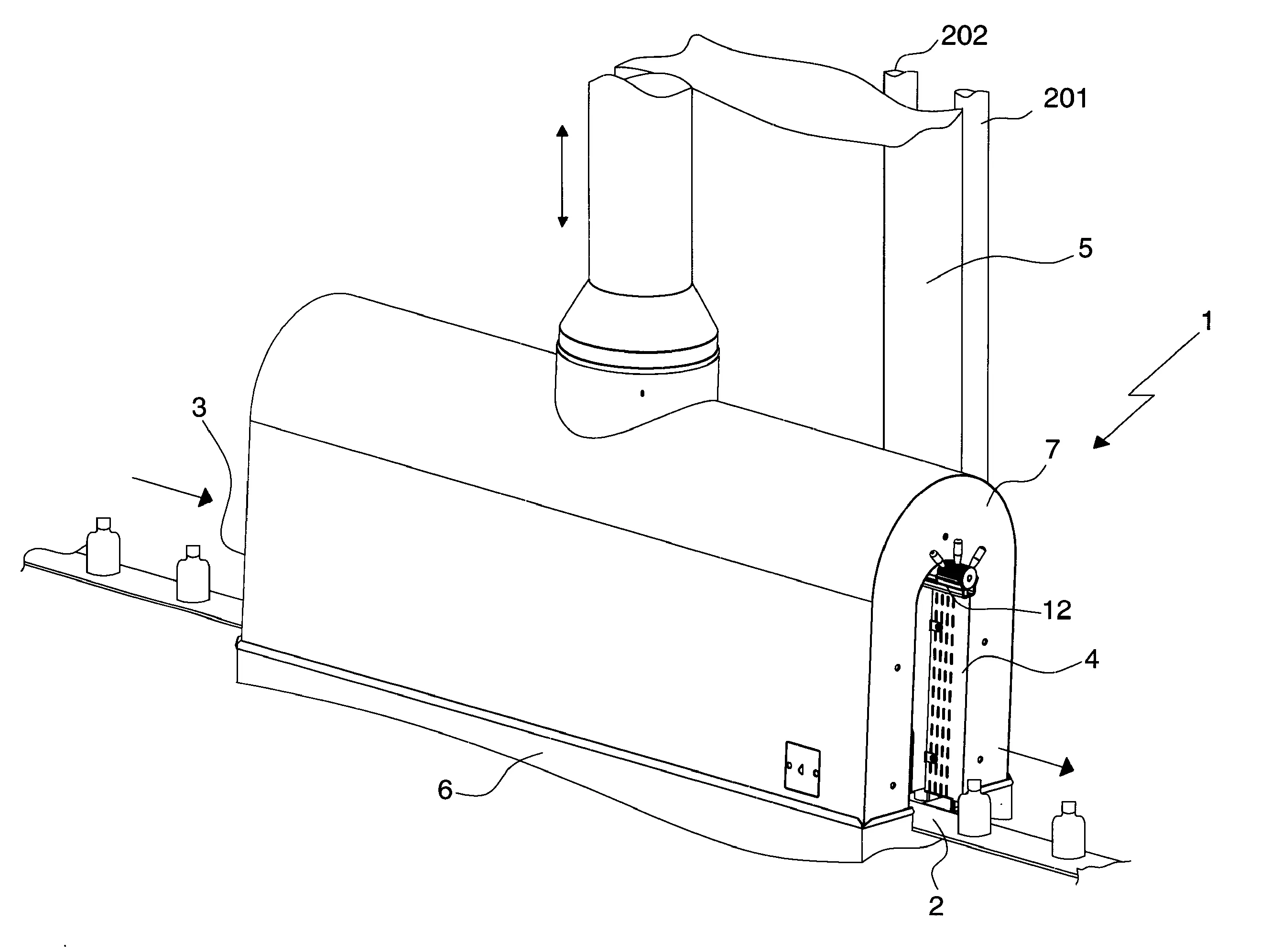 Installation de thermoretraction comportant une enceinte de chauffage munie d'une base et d'une cloche