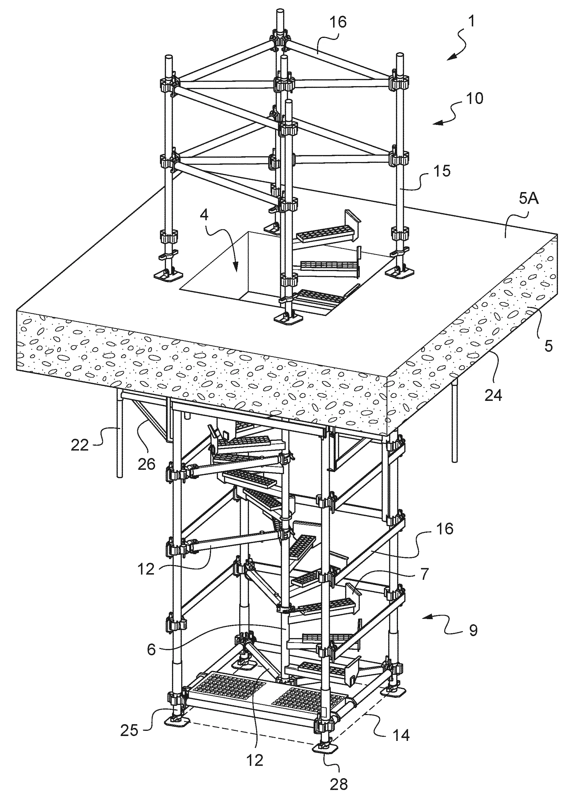 Escalier provisoire helicoidal pour structure d'echafaudage