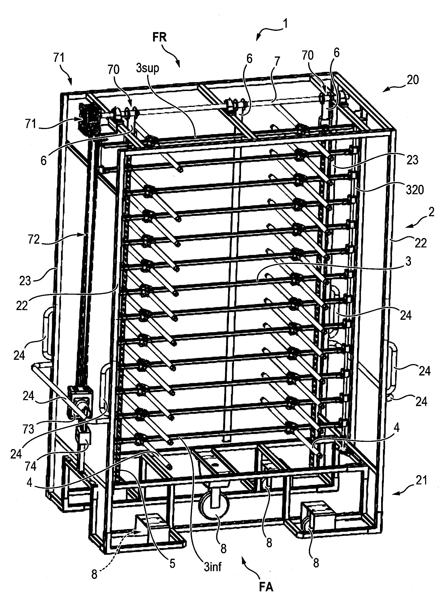 Dispositif de stockage et de manutention d'articles a traverses de support reliees par des courroies crantees