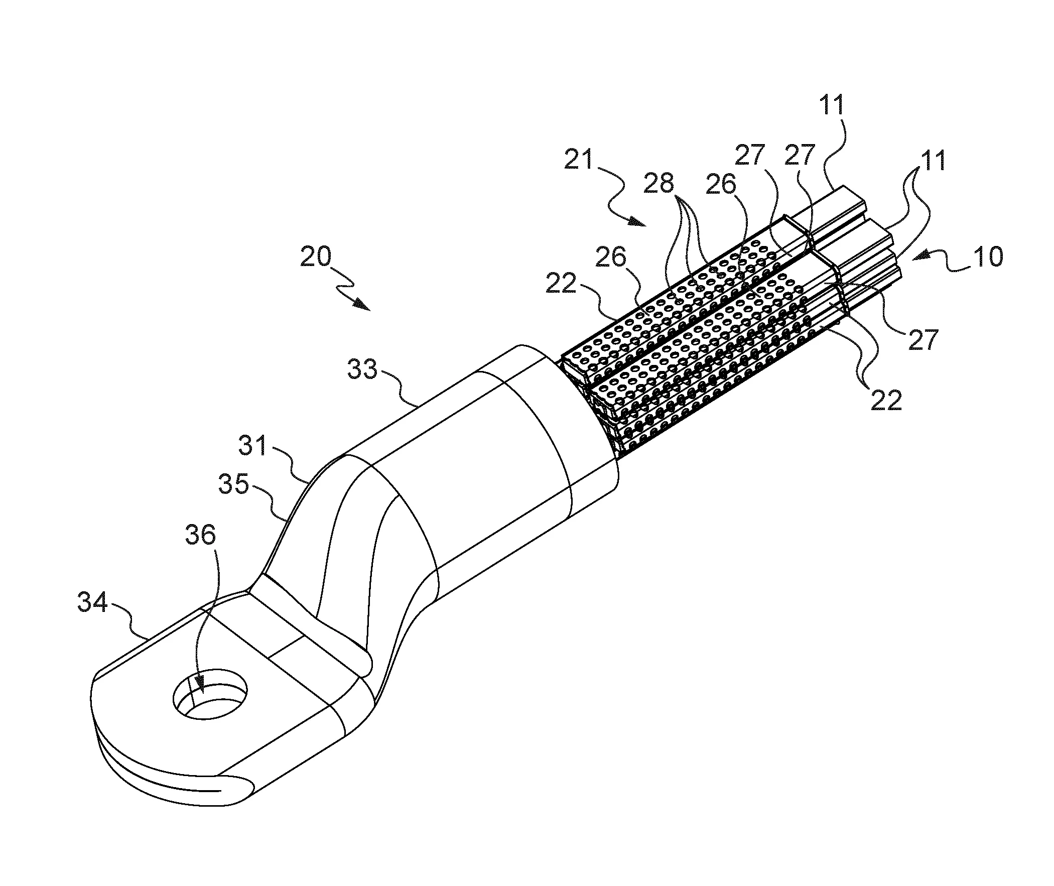 Dispositif de connexion a sertir sur un troncon terminal de cable, comportant une enveloppe conductrice pourvue d’une paroi separant deux logements
