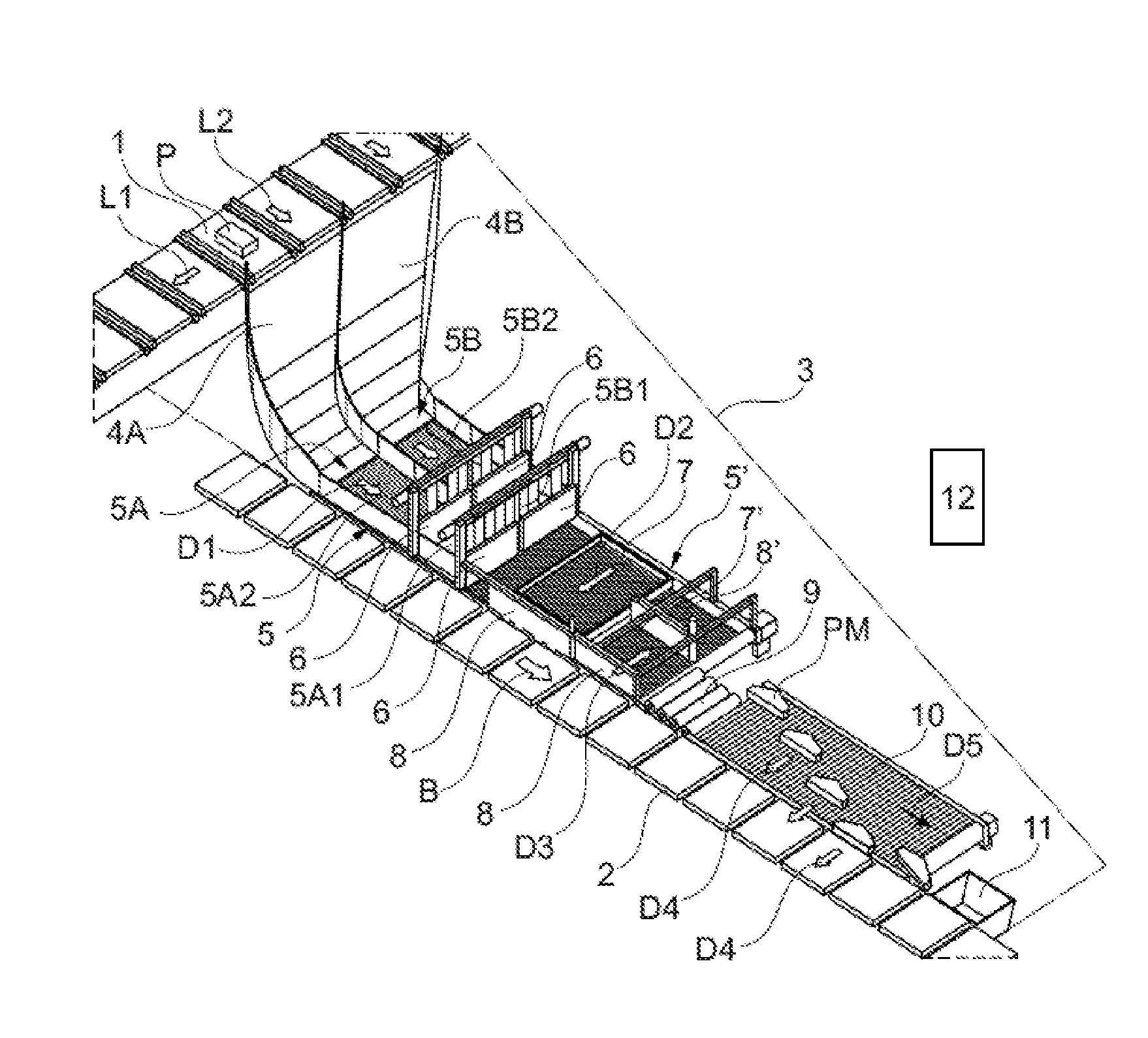 Systeme de tri/manutention de paquets a convoyeur a plateaux et unite de transfert par gravite